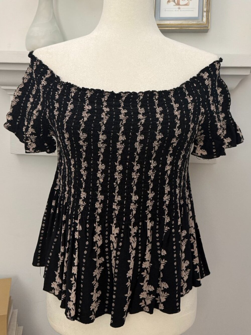 Black Blush Floral Smocked Off Shoulder Peplum Top L